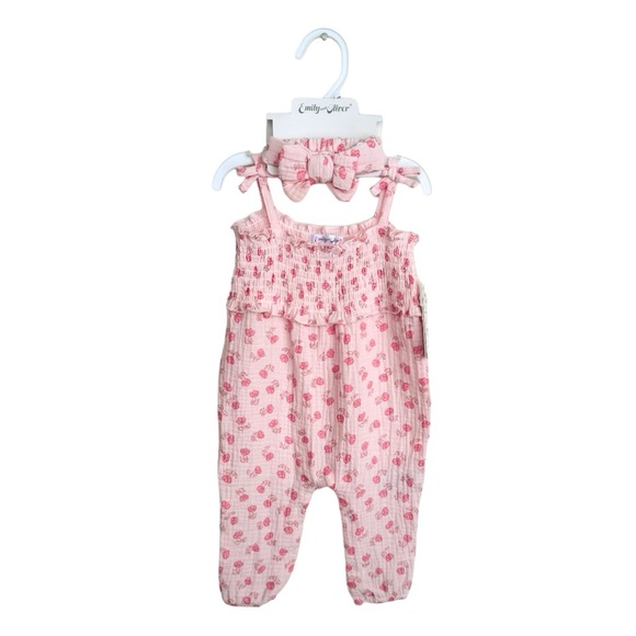 Emily & Oliver Baby Girls Floral Coverall & Headband Set Size NWT - Picture 1 of 13